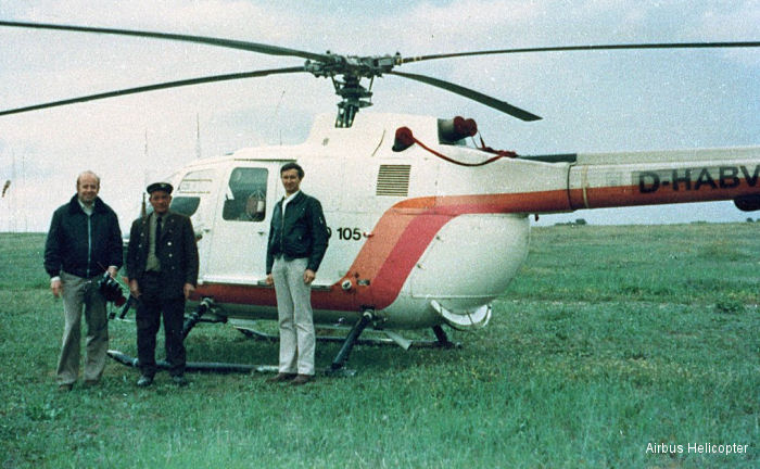 Helicopter MBB Bo105A Serial S-1 Register D-HABV D-HTSB D-HMBN used by Eurocopter Deutschland GmbH (Eurocopter Germany) MBB. Built 1970. Aircraft history and location