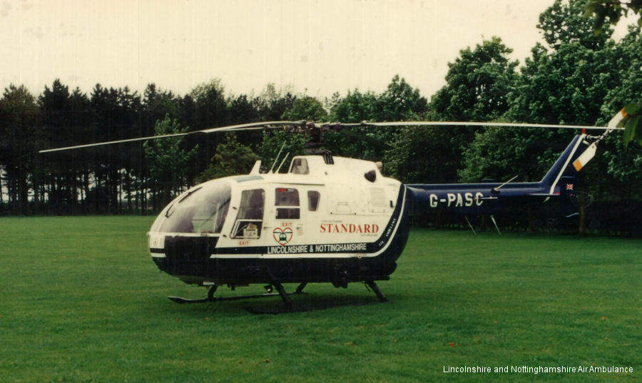 Detailed history and photos of helicopter MBB Bo105DBS-4 Serial S-421 Register ZS-RNC G-PASC G-BNPS N4929M D-HDMT used by UK Air Ambulances LNAACT (Lincolnshire and Nottinghamshire Air Ambulance) ,UK Police Forces ,MBB Track service timeline and current status.