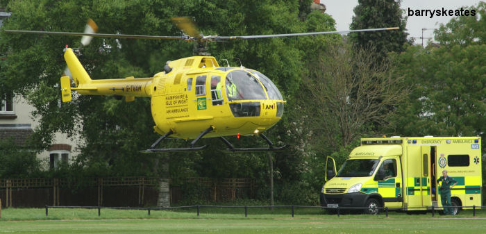 Helicopter MBB Bo105CBS-2 Serial S-392 Register G-TVAM G-SPOL VR-BGV D-HDLH used by South Georgia Heritage Trust ,UK Air Ambulances TVAA (Thames Valley Air Ambulance) ,Bond Aviation Group ,UK Police Forces ,MBB. Built 1979. Aircraft history and location