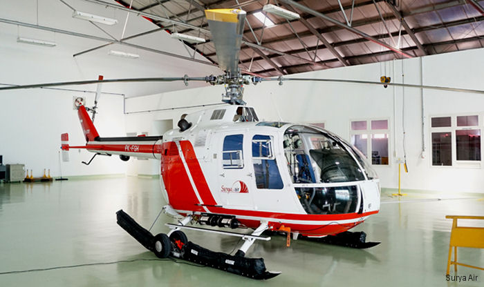 Detailed history and photos of helicopter MBB Bo105C Serial N14/S8-220 Register PK-FGH PK-XZK used by Surya Air Track service timeline and current status.
