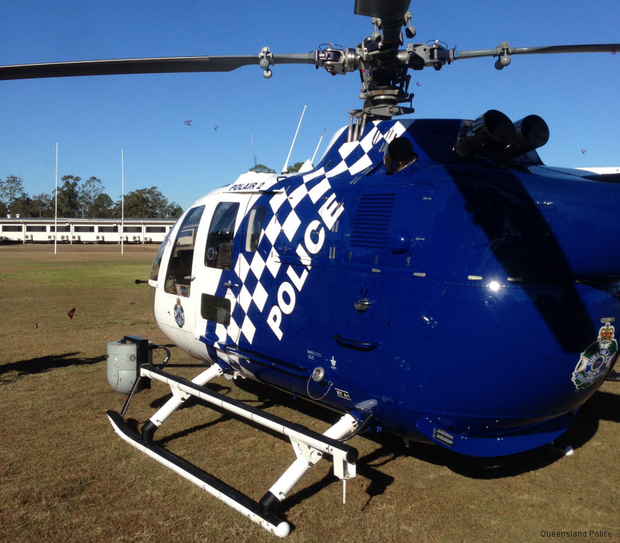 Helicopter MBB Bo105CBS-5 Serial S-919 Register VH-NVK D-HGSL used by Australia Police ,Australia Air Ambulances SLSQ (Surf Life Saving Queensland) ,Bundesministerium des Innern BMI (Federal Ministry of the Interior). Built 1996. Aircraft history and location