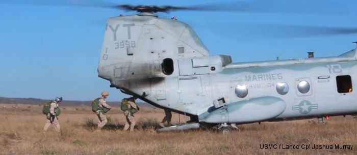 Helicopter Boeing-Vertol CH-46D Serial 2349 Register 153998 used by US Marine Corps USMC ,US Navy USN (United States Naval Aviation). Built 1967. Aircraft history and location