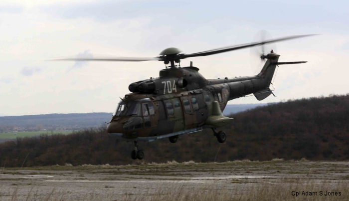 Detailed history and photos of helicopter Eurocopter AS532AL Cougar Serial 2665 Register 704 used by Voennovazdushni sili na Balgariya (Bulgarian Air Force) Track service timeline and current status.