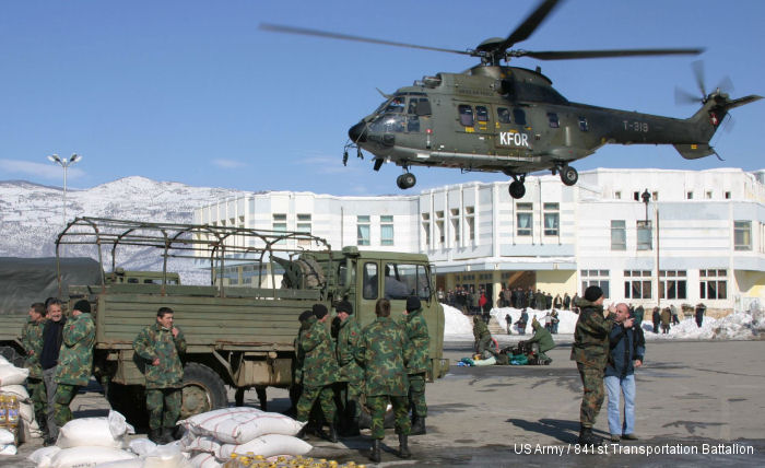 Helicopter Aerospatiale AS332M1 Super Puma Serial 2343 Register T-319 used by Schweizer Luftwaffe (Swiss Air Force). Built 1992. Aircraft history and location