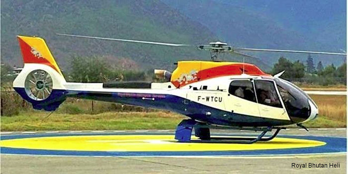 Helicopter Airbus H130 Serial 8160 Register A5-BHT F-WTCU used by Royal Bhutan Helicopter Services Ltd RBHS ,Airbus Helicopters Southeast Asia AHSA. Aircraft history and location