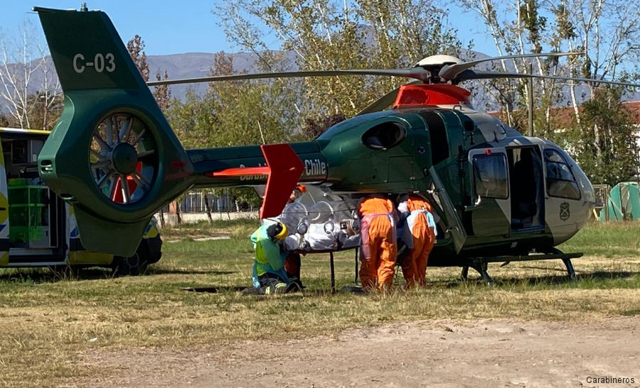 Helicopter Eurocopter EC135P2+ Serial 1085 Register C-03 used by Carabineros de Chile (Chilean Gendarmerie). Built 2012. Aircraft history and location