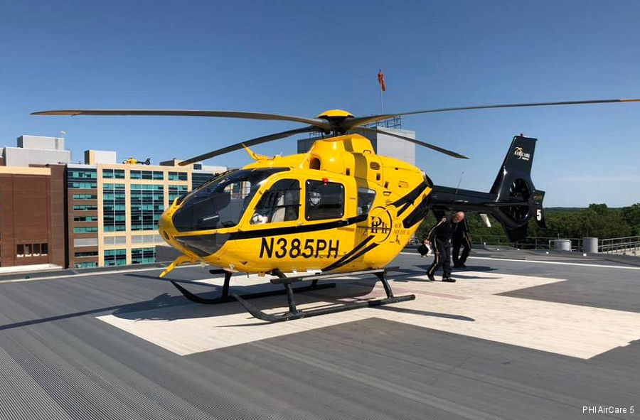 Detailed history and photos of helicopter Eurocopter EC135P2+ Serial 0670 Register N385PH used by Sentara Healthcare ,AirCare5 (AirCare 5 Medevac Shenandoah Valley) ,PHI Inc Track service timeline and current status.