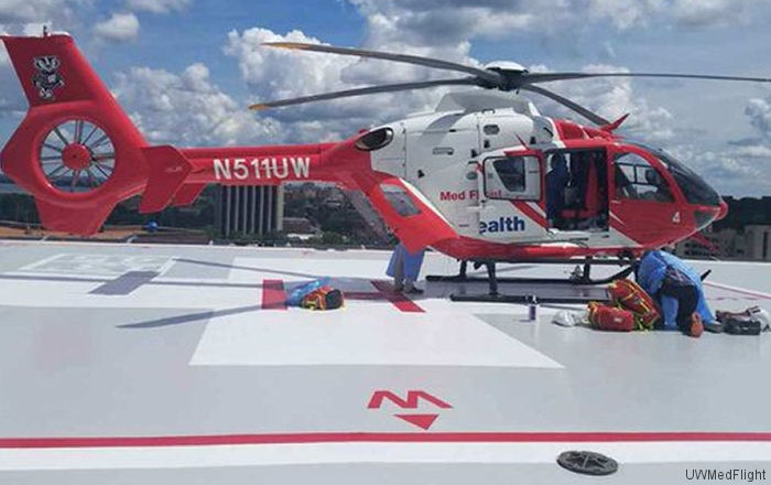 Detailed history and photos of helicopter Eurocopter EC135T2+ Serial 0511 Register N511UW M-WHAT HB-ZIT G-CEGF used by UW Health (UW Health Med Flight) ,Metro Aviation ,Starspeed Ltd ,Swift Copters ,McAlpine Helicopters Track service timeline and current status.