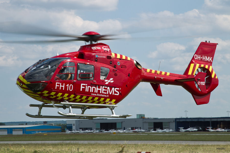Detailed history and photos of helicopter Eurocopter EC135P2 Serial 0439 Register G-KLDA D-HTMD D-HAAT OH-HMK used by Castle Air ,Helicopter Travel Munich HTM ,Eurocopter Deutschland GmbH (Eurocopter Germany) ,FinnHEMS Track service timeline and current status.