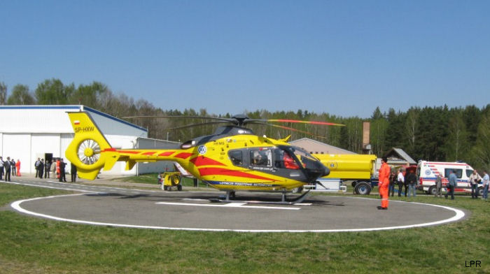 Helicopter Eurocopter EC135P2+ Serial 0943 Register SP-HXW used by Polish Lotnicze Pogotowie Ratunkowe LPR (Polish medical air services). Aircraft history and location