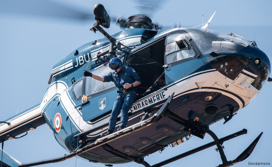 Helicopter Airbus H145 Serial 9700 Register D-HMBB F-MJBU used by Airbus Helicopters Deutschland GmbH (Airbus Helicopters Germany) ,Gendarmerie Nationale (French National Gendarmerie). Built 2016. Aircraft history and location