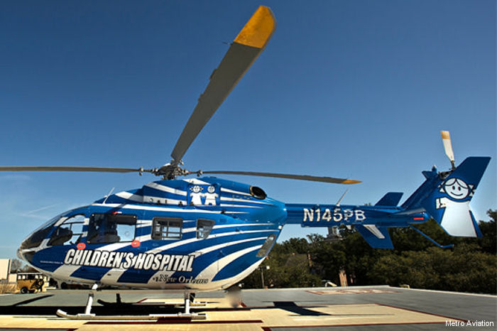 Detailed history and photos of helicopter Eurocopter EC145 Serial 9228 Register N145CH N145PB used by CHNOLA (Children's Hospital New Orleans) ,Metro Life Flight ,Metro Aviation Track service timeline and current status.