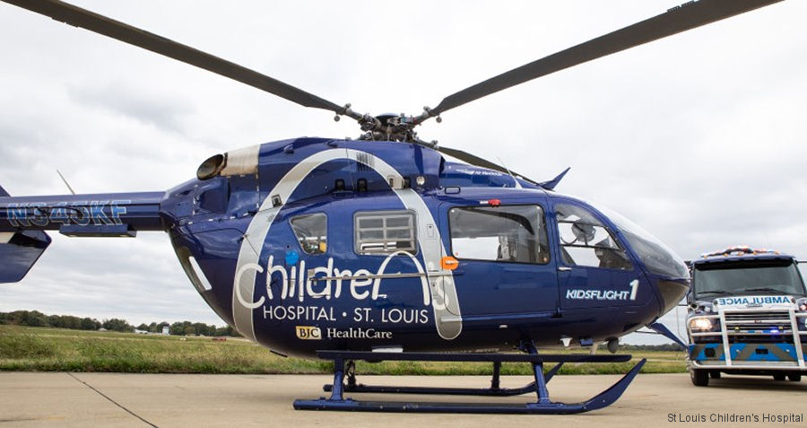 Helicopter Eurocopter EC145 Serial 9635 Register N635TJ N345KF N154AH used by JeffSTAT ,SLCH (St. Louis Children’s Hospital) ,Air Methods ,Airbus Helicopters Inc (Airbus Helicopters USA). Built 2013. Aircraft history and location