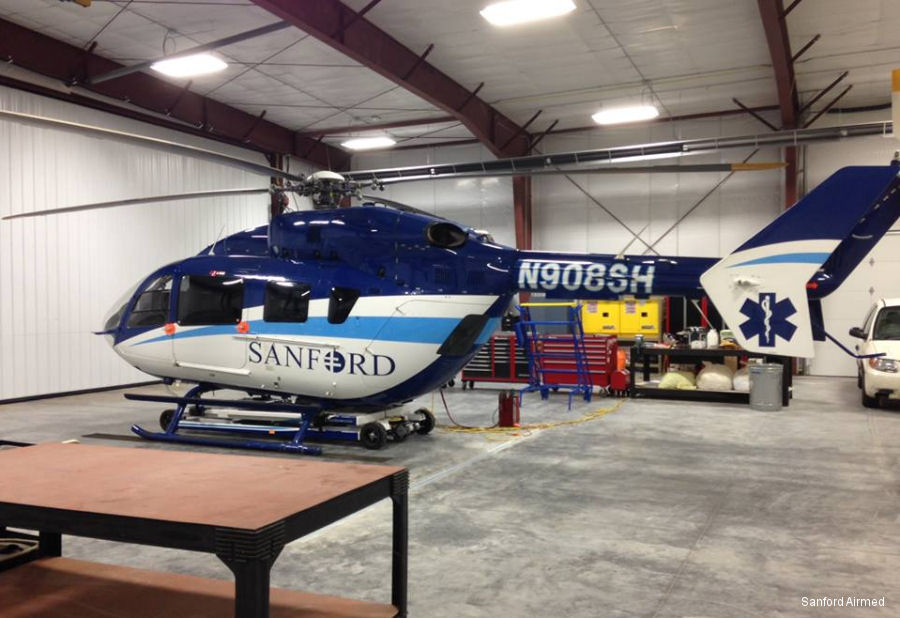 Detailed history and photos of helicopter Eurocopter EC145 Serial 9482 Register N908SH used by Sanford AirMed Track service timeline and current status.