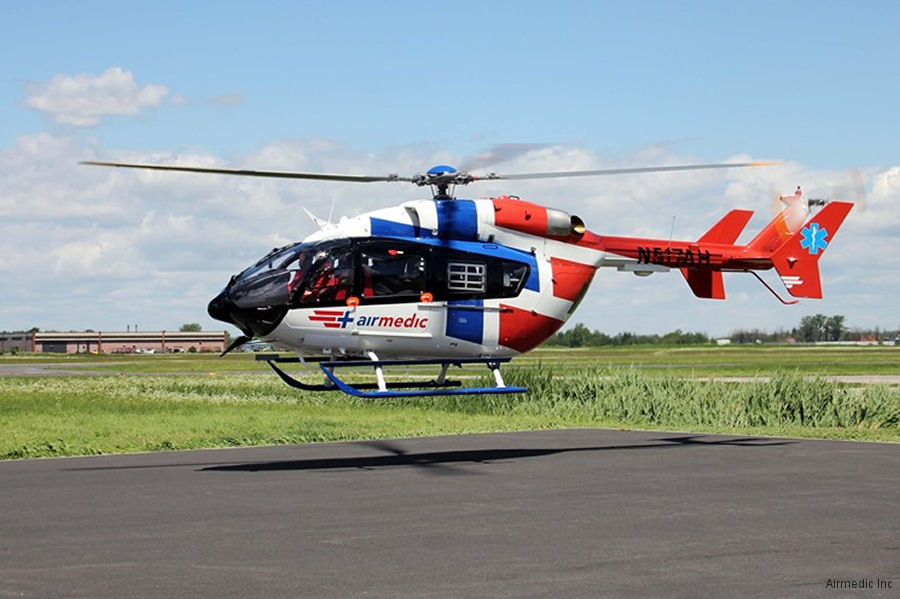 Helicopter Airbus EC145e Serial 9805 Register N980MT C-FTMQ N517AH used by HCA Houston Healthcare AIRLife ,TVPX ,Canadian Ambulance Services Airmedic ,Metro Aviation ,Airbus Helicopters Inc (Airbus Helicopters USA). Built 2018. Aircraft history and location
