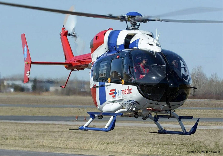 Helicopter Airbus H145 Serial 9734 Register N247MB C-GTUQ N83EL N278AH used by HCA Houston Healthcare AIRLife ,Canadian Ambulance Services Airmedic ,Metro Aviation ,Airbus Helicopters Inc (Airbus Helicopters USA). Built 2016 Converted to EC145e. Aircraft history and location
