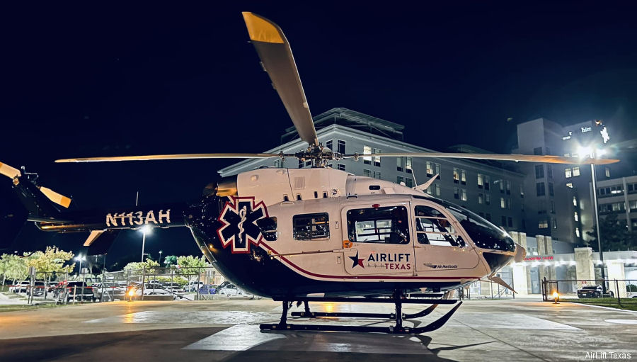 Detailed history and photos of helicopter Airbus H145 Serial 9858 Register N113AH used by Grady Air ,AirLift Texas ,Air Methods Converted to EC145e Track service timeline and current status.
