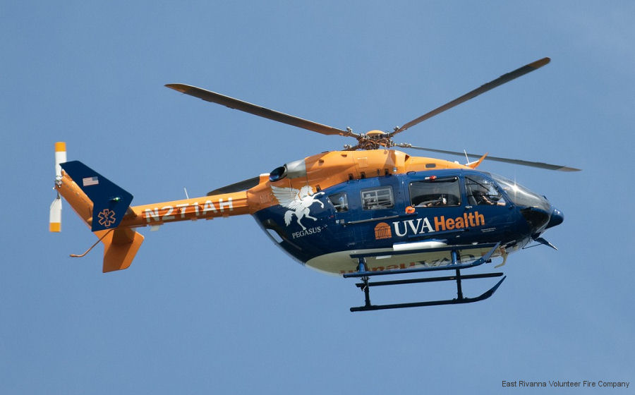 Helicopter Airbus H145 Serial 9875 Register N55UV N271AH used by University of Virginia Health System ,Metro Aviation ,Airbus Helicopters Inc (Airbus Helicopters USA). Built 2022 Converted to EC145e. Aircraft history and location