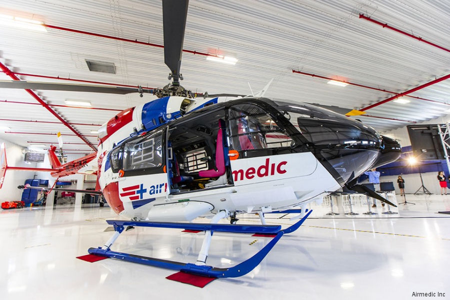Helicopter Airbus EC145e Serial 9805 Register N980MT C-FTMQ N517AH used by HCA Houston Healthcare AIRLife ,TVPX ,Canadian Ambulance Services Airmedic ,Metro Aviation ,Airbus Helicopters Inc (Airbus Helicopters USA). Built 2018. Aircraft history and location