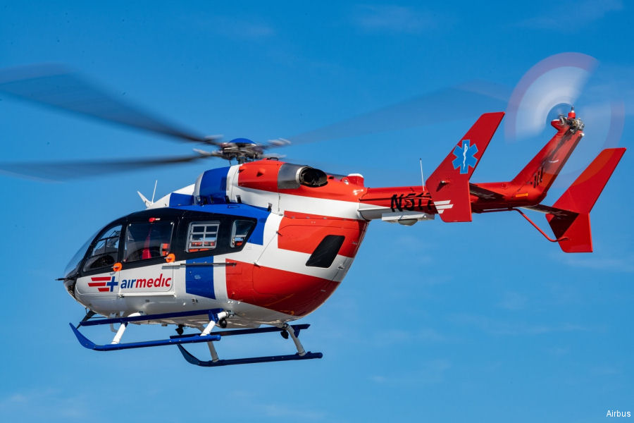 Helicopter Airbus EC145e Serial 9805 Register N980MT C-FTMQ N517AH used by HCA Houston Healthcare AIRLife ,TVPX ,Canadian Ambulance Services Airmedic ,Metro Aviation ,Airbus Helicopters Inc (Airbus Helicopters USA). Built 2018. Aircraft history and location