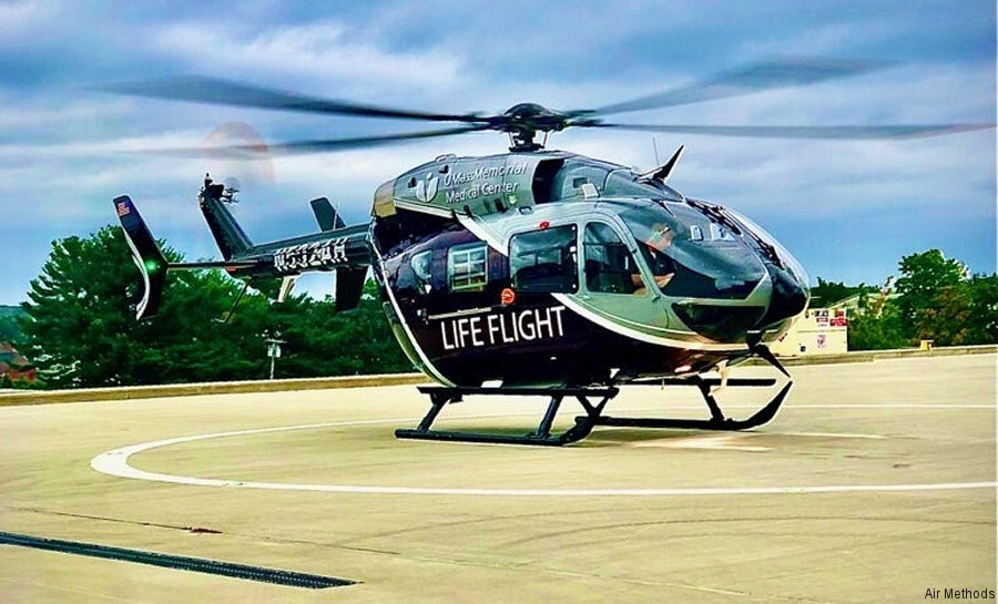 Helicopter Airbus EC145e Serial 9842 Register N982LF N592AH used by UMass Memorial Life Flight ,Air Methods ,Metro Aviation ,Airbus Helicopters Inc (Airbus Helicopters USA). Built 2019. Aircraft history and location