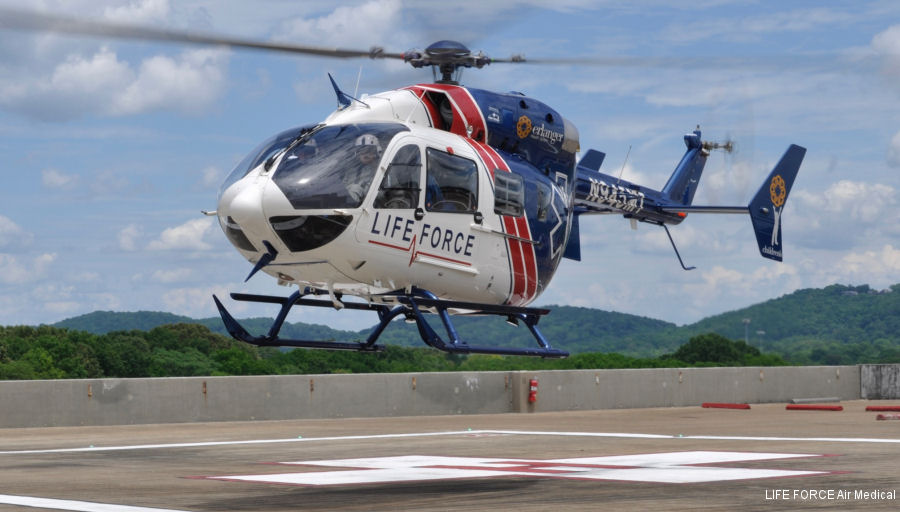 Detailed history and photos of helicopter Airbus H145 Serial 9871 Register N945MT N159AH used by Erlanger Health System (Life Force) ,Med Trans Corp ,Metro Aviation ,Airbus Helicopters Inc (Airbus Helicopters USA) Track service timeline and current status.