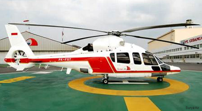 Detailed history and photos of helicopter Eurocopter EC155B1 Serial 6925 Register PK-FGT used by Surya Air Track service timeline and current status.