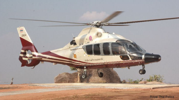 Detailed history and photos of helicopter Eurocopter EC155B1 Serial 6914 Register 2904 F-OKFO used by Royal Thai Police RTP ,Eurocopter France Track service timeline and current status.