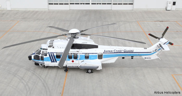 Helicopter Airbus H225 Serial 2921 Register JA691A used by Kaijō Hoan-chō JPCG (Japanese Coast Guard) ,Airbus Helicopters Japan AHJ. Built 2014. Aircraft history and location