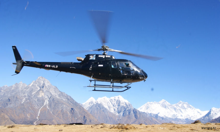 Detailed history and photos of helicopter Airbus H125 Serial 7808 Register 9N-ALD used by Mountain Helicopters Nepal ,Manang Air Track service timeline and current status.