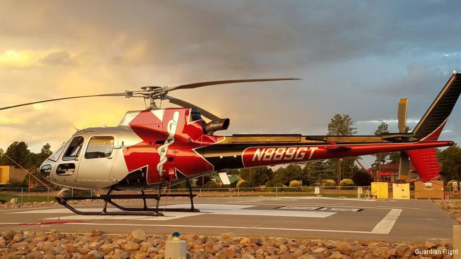 Helicopter Airbus H125 Serial 8011 Register N889GT N193AH used by AeroCare Medical Transport ,Guardian Flight AMRG ,Airbus Helicopters Inc (Airbus Helicopters USA). Built 2015. Aircraft history and location