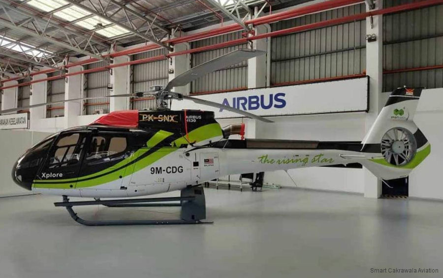 Helicopter Airbus H130 Serial 8829 Register PK-SNX 9M-CDG used by Smart Cakrawala Aviation ,Airbus Helicopters Malaysia. Aircraft history and location