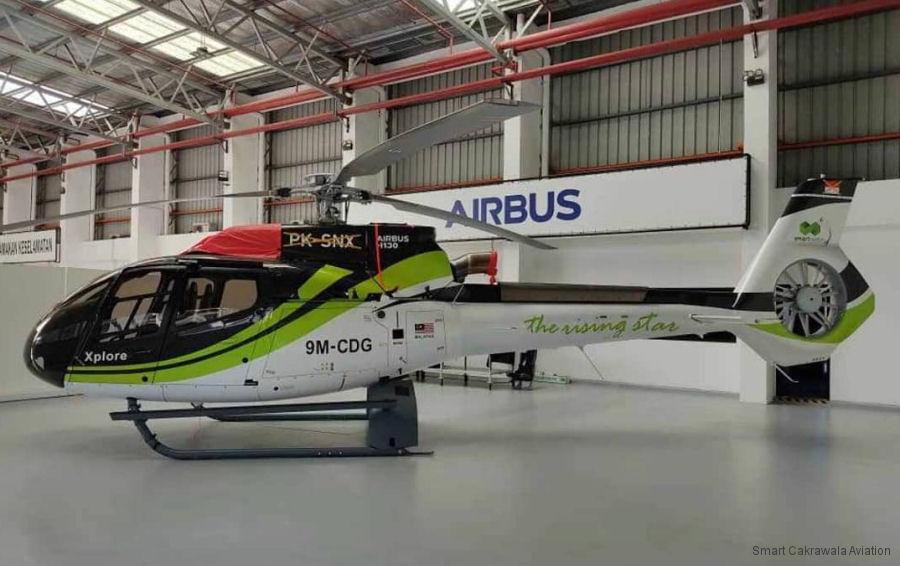 Helicopter Airbus Helicopters H130 Serial 8829 Register PK-SNX 9M-CDG used by Smart Cakrawala Aviation ,Airbus Helicopters Malaysia. Aircraft history and location