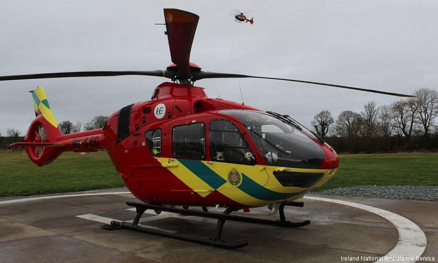 Helicopter Airbus Helicopters H135 / EC135T3 Serial 1189 Register 9H-SEC G-TVAL used by National Ambulance Service Ireland ,VGH Gozo Air Ambulance (Malta Air Ambulance) ,Babcock International Babcock Babcock Mission Critical Services Onshore ,UK Air Ambulances TVAA (Thames Valley Air Ambulance) ,Bond Aviation Group. Built 2015. Aircraft history and location
