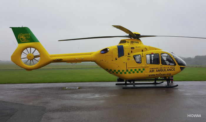 Helicopter Airbus H135 / EC135T3 Serial 1190 Register G-HIOW used by Babcock International Babcock ,UK Air Ambulances HIOWAA (Hampshire and Isle of Wight Air Ambulance) ,Bond Aviation Group. Built 2015. Aircraft history and location