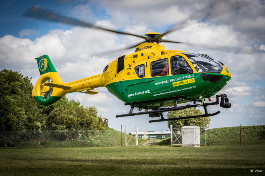 Helicopter Airbus H135 / EC135T3 Serial 1190 Register G-HIOW used by Babcock International Babcock ,UK Air Ambulances HIOWAA (Hampshire and Isle of Wight Air Ambulance) ,Bond Aviation Group. Built 2015. Aircraft history and location