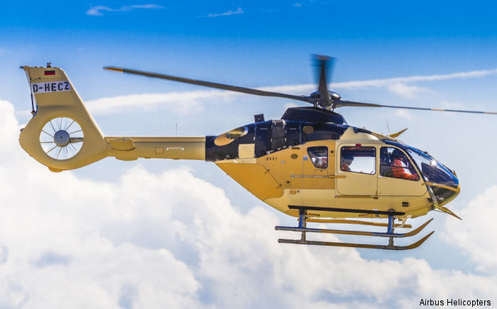 Helicopter Airbus Helicopters H135 / EC135T3 Serial 2001 Register ZM504 G-CJJG D-HECZ used by Ministry of Defence (MoD) Airbus Helicopters UK Airbus Helicopters Deutschland GmbH (Airbus Helicopters Germany). Built 2016. Aircraft history and location