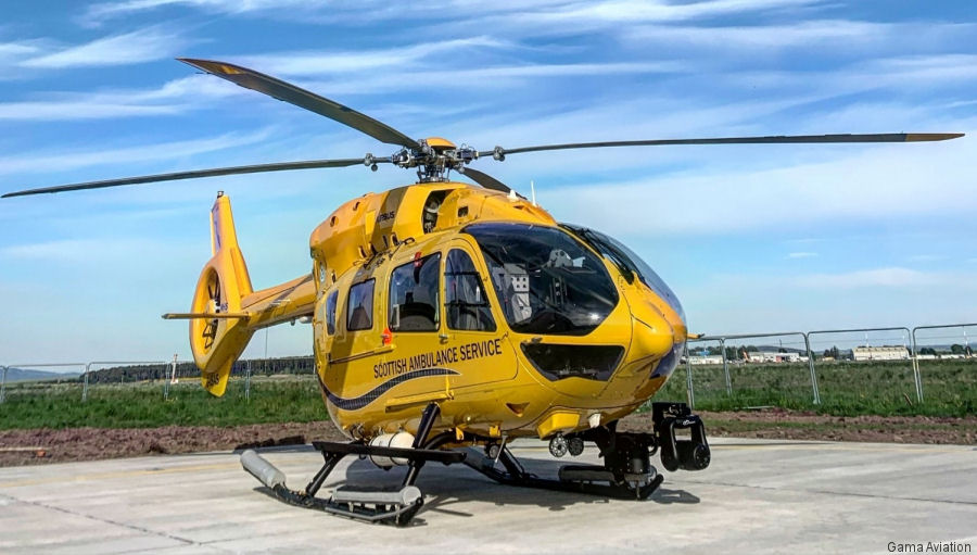 Helicopter Airbus H145D2 / EC145T2 Serial 20299 Register G-ISAS used by UK Air Ambulances SASv (Scottish Ambulance Service) ,Gama Aviation ,Airbus Helicopters UK. Aircraft history and location