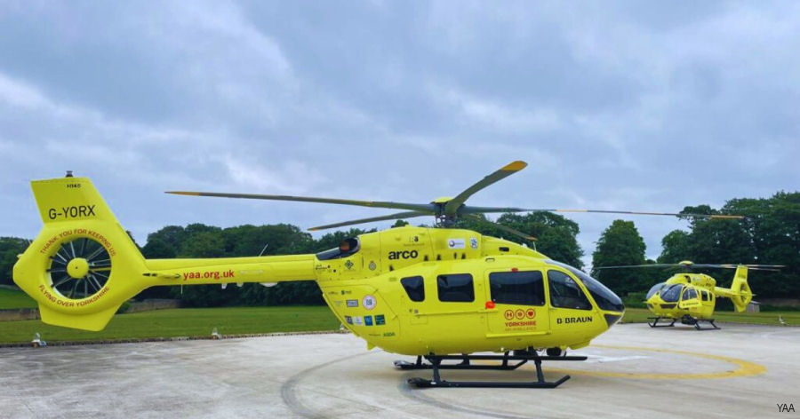 Helicopter Airbus H145D3  Serial 21185 Register G-YORX used by UK Air Ambulances YAA (Yorkshire Air Ambulance) ,Airbus Helicopters UK. Built 2022. Aircraft history and location