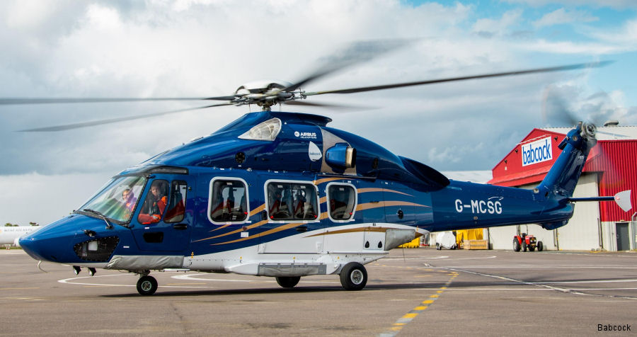 Helicopter Airbus H175 Serial 5021 Register G-MCSG used by Offshore Helicopter Services OHS ,Babcock International Babcock. Built 2016. Aircraft history and location