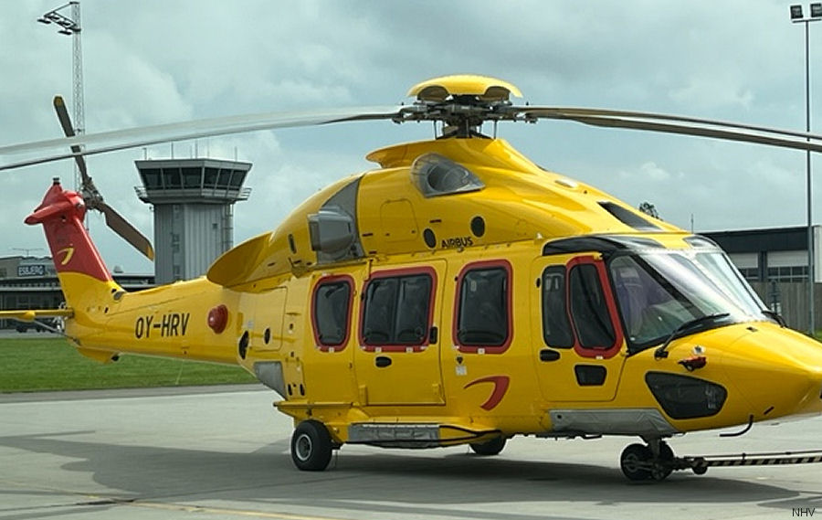 Helicopter Airbus H175 Serial 5042 Register OY-HRV G-NHVA used by NHV Denmark NHV Esbjerg ,NHV Helicopters Ltd NHV UK. Built 2019. Aircraft history and location