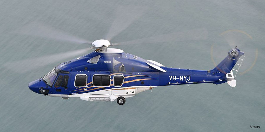 Helicopter Airbus H175 Serial 5028 Register VH-NYJ used by Offshore Services Australasia OHS ,Babcock Australia ,Milestone Aviation. Built 2017. Aircraft history and location