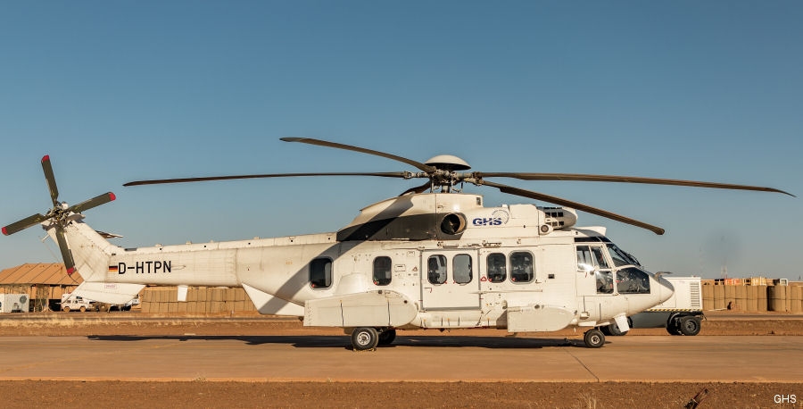 Helicopter Airbus H225 Serial 2916 Register D-HTPN used by United Nations UNHAS ,Global Helicopter Service GmbH GHS ,Waypoint Leasing. Aircraft history and location