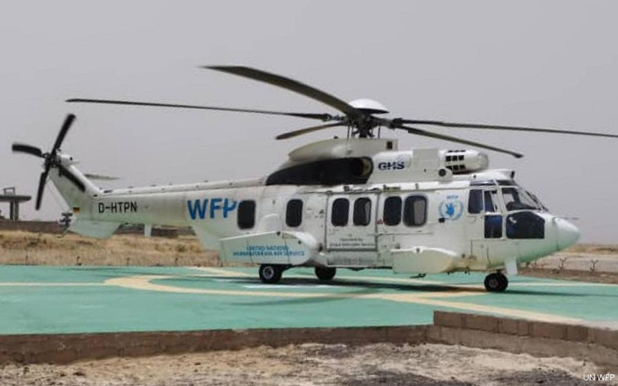 Helicopter Airbus H225 Serial 2916 Register D-HTPN used by United Nations UNHAS ,Global Helicopter Service GmbH GHS ,Waypoint Leasing. Aircraft history and location