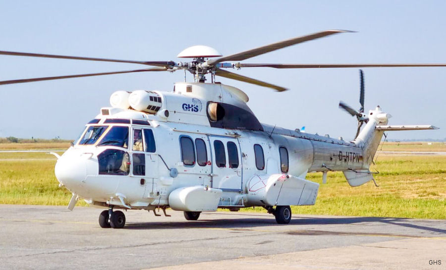 Helicopter Airbus H225 Serial 2916 Register D-HTPN used by United Nations UNHAS ,Global Helicopter Service GmbH GHS ,Waypoint Leasing. Aircraft history and location