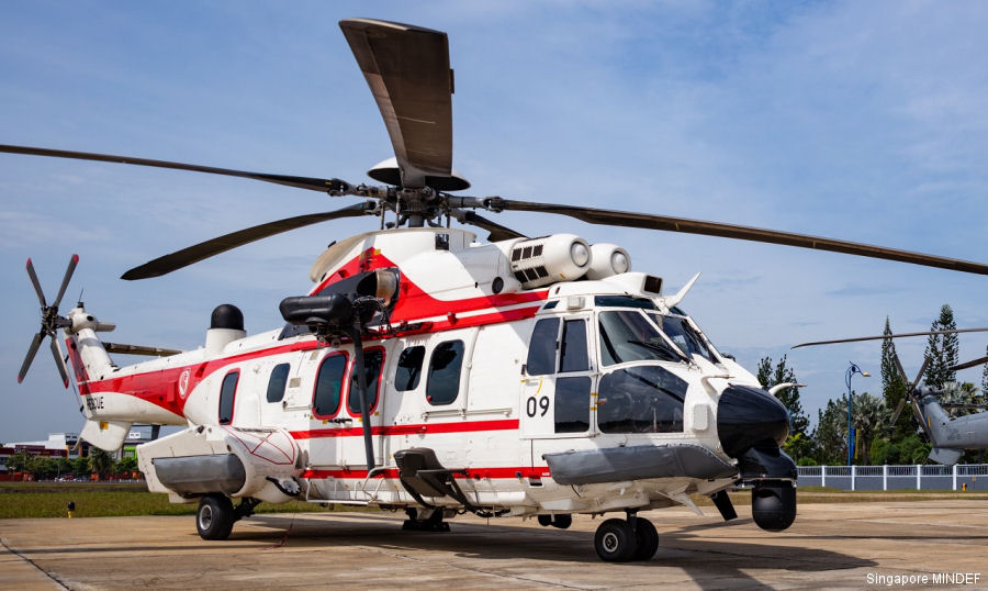 Helicopter Airbus H225M Serial 3091 Register 209 used by Republic of Singapore Air Force RSAF. Aircraft history and location