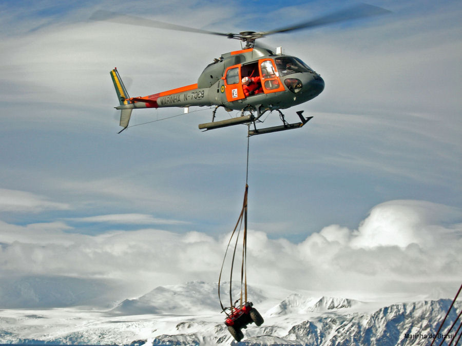 Detailed history and photos of helicopter Aerospatiale HB355F2 Esquilo Serial 5341 Register N-7069 used by Força Aeronaval da Marinha do Brasil (Brazilian Navy) ,Helibras Track service timeline and current status.