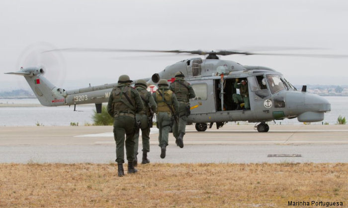 Helicopter Westland Super Lynx mk95 Serial 375 Register 19203 used by Marinha Portuguesa (Portuguese Navy). Built 1993. Aircraft history and location