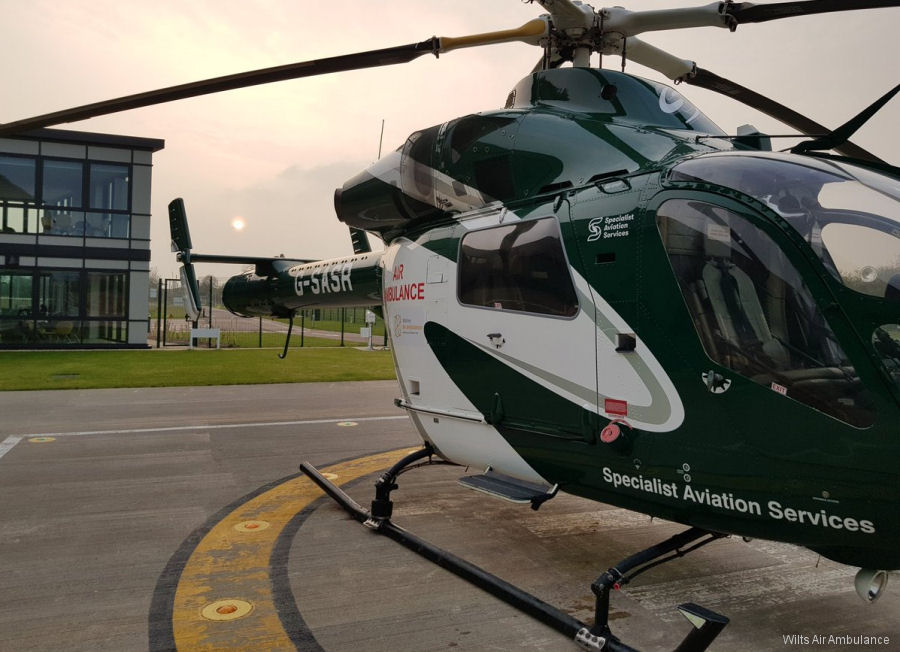 Helicopter McDonnell Douglas MD902 Explorer Serial 900/00074 Register G-SASR G-LNAA N7030B used by UK Air Ambulances DSAA (Dorset and Somerset Air Ambulance) ,WAACT (Wiltshire Air Ambulance) ,Specialist Aviation Services SAS ,LNAACT (Lincolnshire and Nottinghamshire Air Ambulance) ,KSSAAT (Kent, Surrey and Sussex Air Ambulance Trust) ,MD Helicopters MDHI. Built 2000. Aircraft history and location