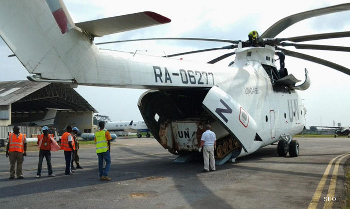 Helicopter Mil Mi-26 Halo Serial 34001212410 Register RA-06277 used by United Nations UNHAS ,SKOL Airlines. Aircraft history and location